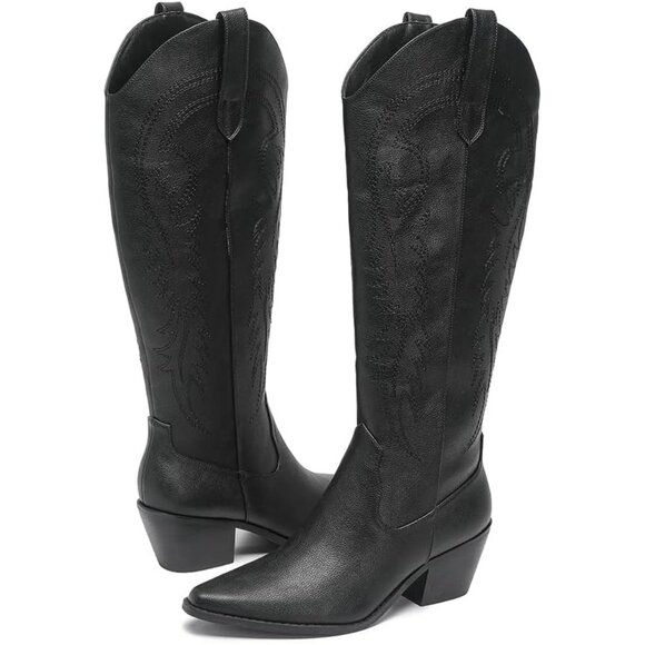 AMOJI Women Black Western Cowboy Boots Pointed Toe Mid Calf Cowgirl - Picture 2 of 7